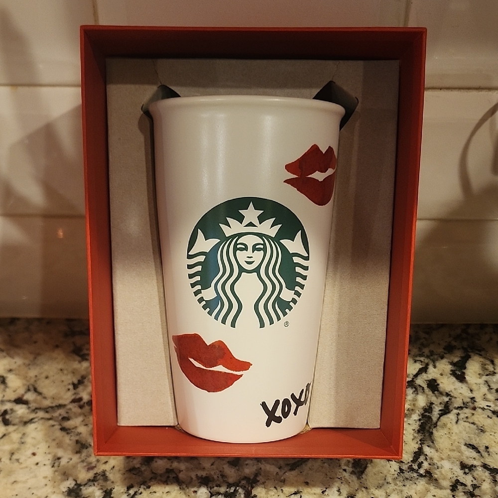 Starbucks White Tumbler with Red Lips and Green Logo